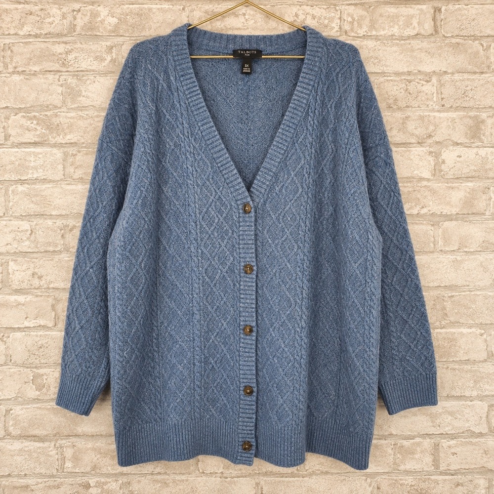 Talbots Plus Wool Alpaca Blend Cable Knit Cardigan Classic Preppy Blue 3X